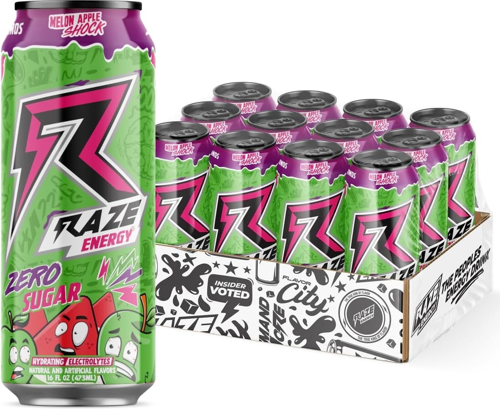 RAZE 零糖能饮料,300mg咖啡因,零卡路里,性能和水分,主选择 糖自由饮料,用于可持续能源和焦点(Melon Apple Shock 12 Pack)