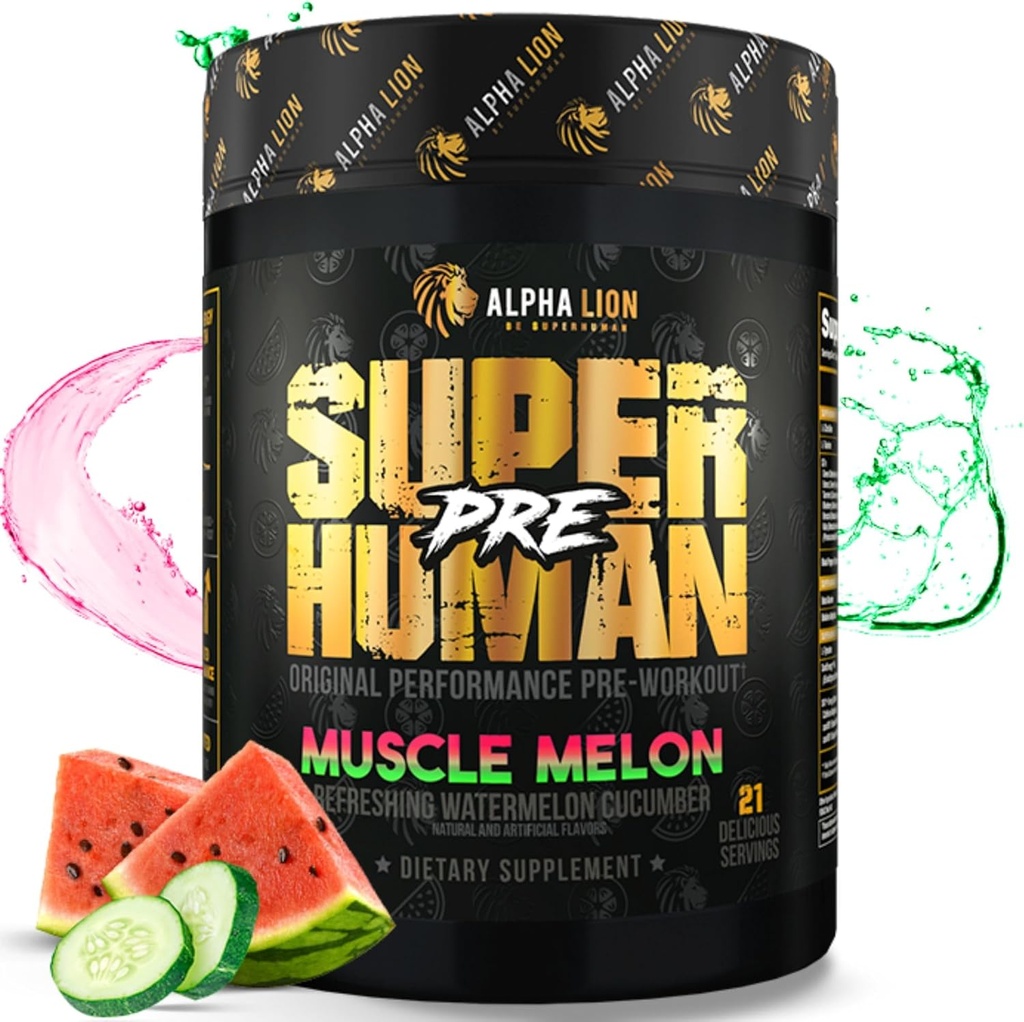 ALPHA LION 超人工作前粉,Beta Alanine,L-Taurine & Tri-Source Cafeine 用于可持续能源和焦点,Nitric Oxide & Citrulline for Pump (21 services, Muscle Melon).