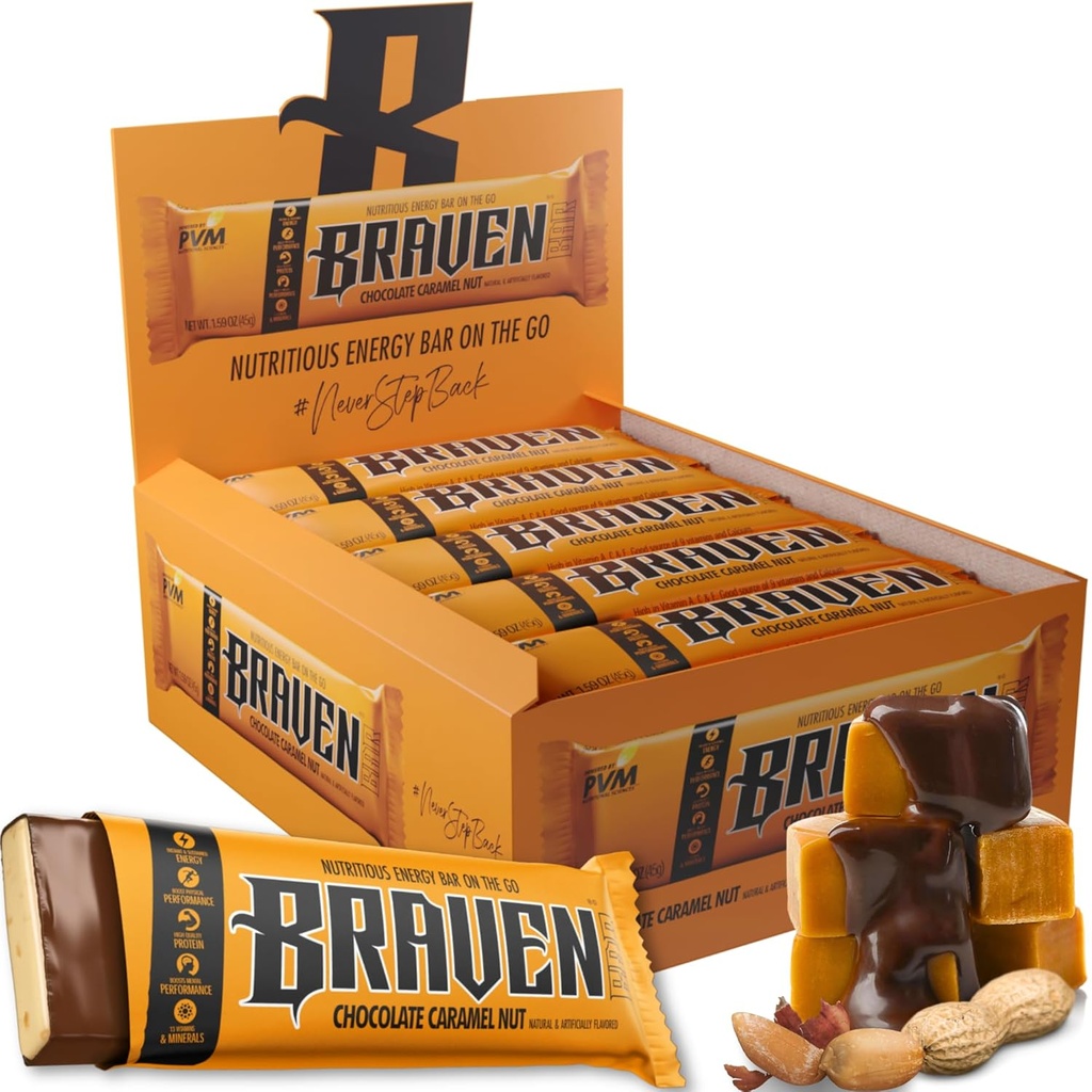 Braven Bar 巧克力焦糖核糖核桃能源吧(1.59 oz,包装20) – Energy Chews with 5g 蛋白质 – On-the-Go Energy Snacks for Running, Hiking, and Sports - Gluten Free Snacks for 持久能源靴