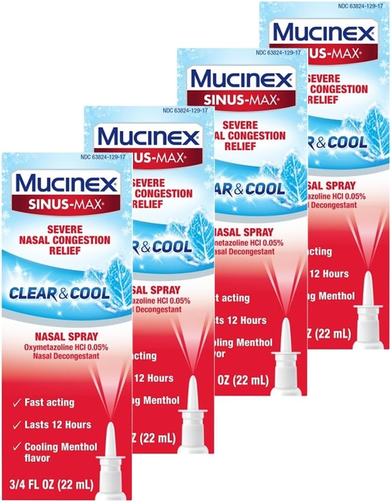 Mucinex Nasal Decongestant Spray, Sinus-Max 重度鼻部摄入量救济清和凉 鼻部喷洒,最后12小时,快动作,冷却 Menthol Flavor,包装 May Vary, 0.75 Fl Oz (Pack of 4)