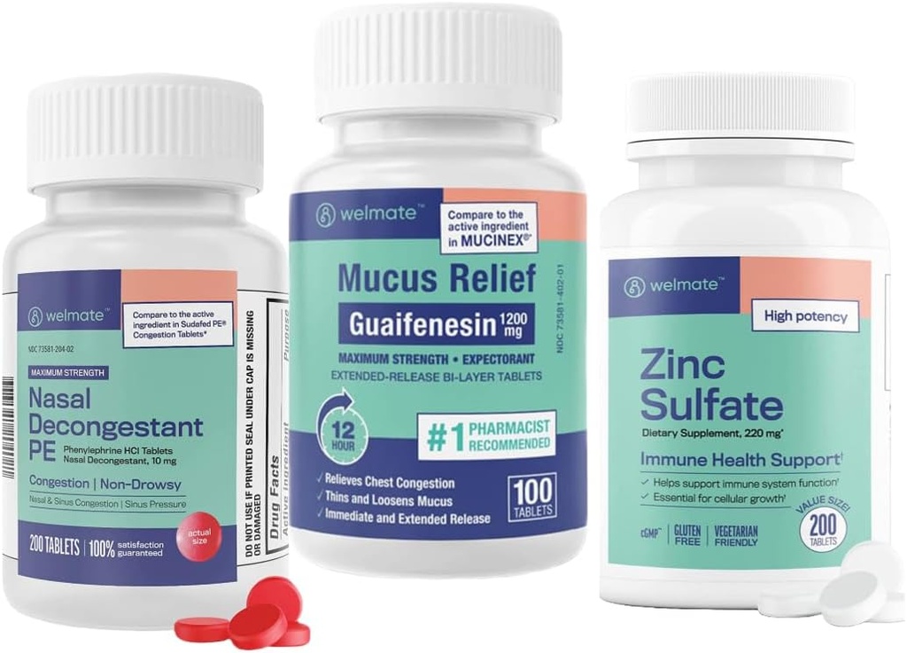 WELMATE 极冷和过敏救济箱:最大强度Guaifenesin 1200 Mg Mucus Relief(100块),Phenylephrine HCl 10 mg Nasal Decongestant(200块)和硫酸锌
