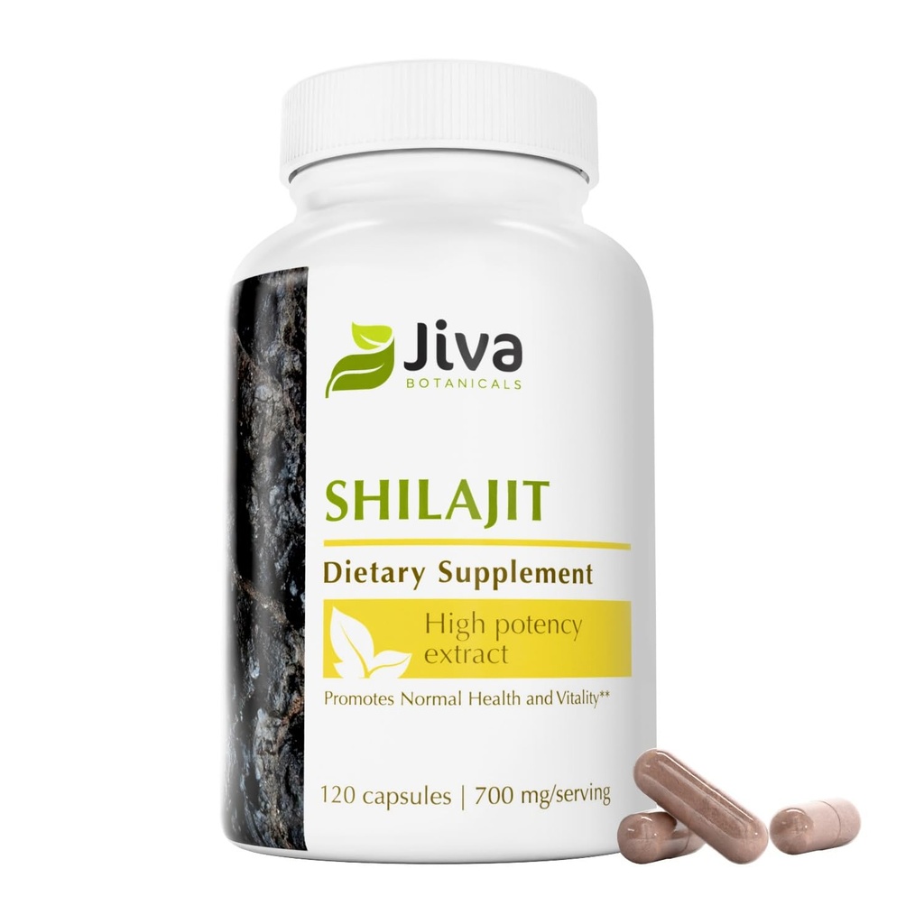 Jiva植物学 Premium Shilajit Supplement 700 mg - Shilajit Capsules 矿物提取物,富尔维奇/Humic Acid 用于免疫支持和 Nomal 消化健康 -- 120 Vegan Capsule (第1包)