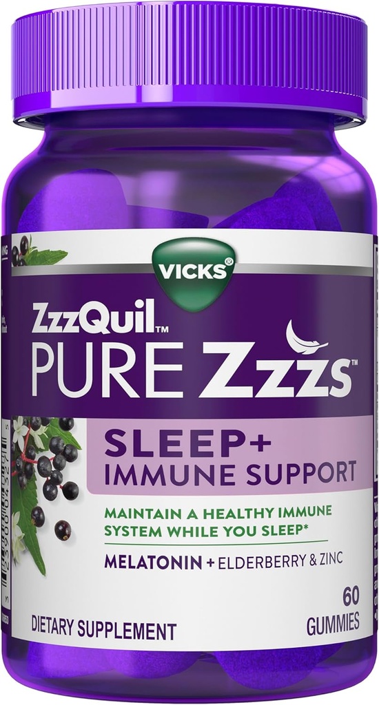 ZzzQuil Pure Zzzs Sleep + Immune 支持 美拉图宁 睡眠援助 Gummys 配有 长老莓, 锌, 香槟, Lavender, & Valerian 根, 每 Gummy 1 mg, 60 cm