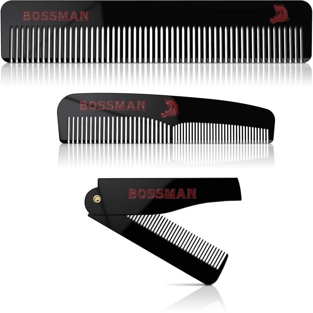 Bossman Acetate Beard, Mustache, & Hair Comb Set 3 - 最小磁盒(7.5-Inch, 5-Inch, 3.5-Inch) - 特征圆齿,双侧齿,和可折叠设计