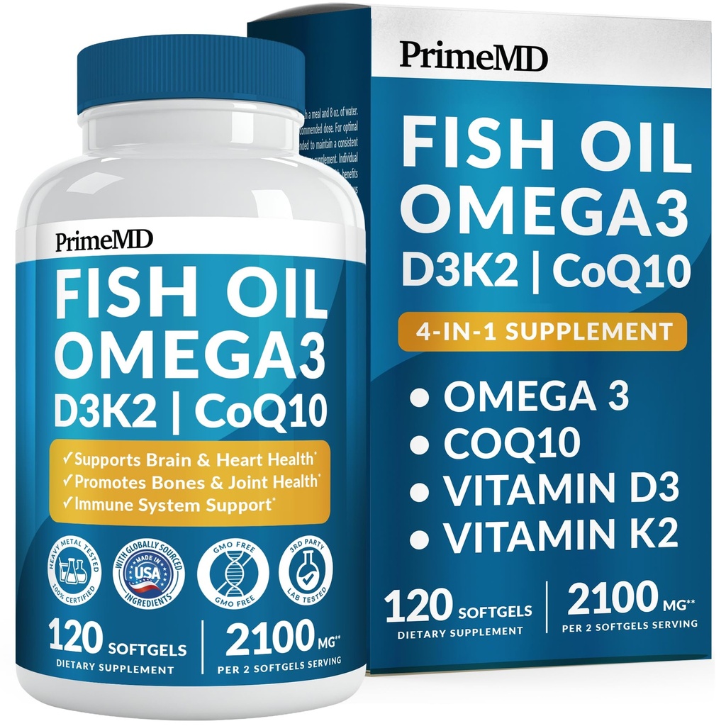 4-in-1 鱼油 Omega 3 脂肪补充剂(2100mg) - Omega 3 鱼油配维生素 D3 K2和CoQ10 - Lemon Flawared (120 软胶)