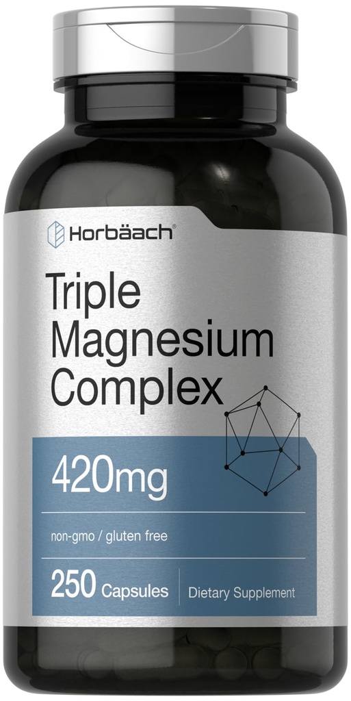 Horbäach 三聚镁复合物 → 420 mg → 250 capsules → 非 GMO 和 Gluten 自由配方 → 氧化镁 → Citrate 和 分食补充剂