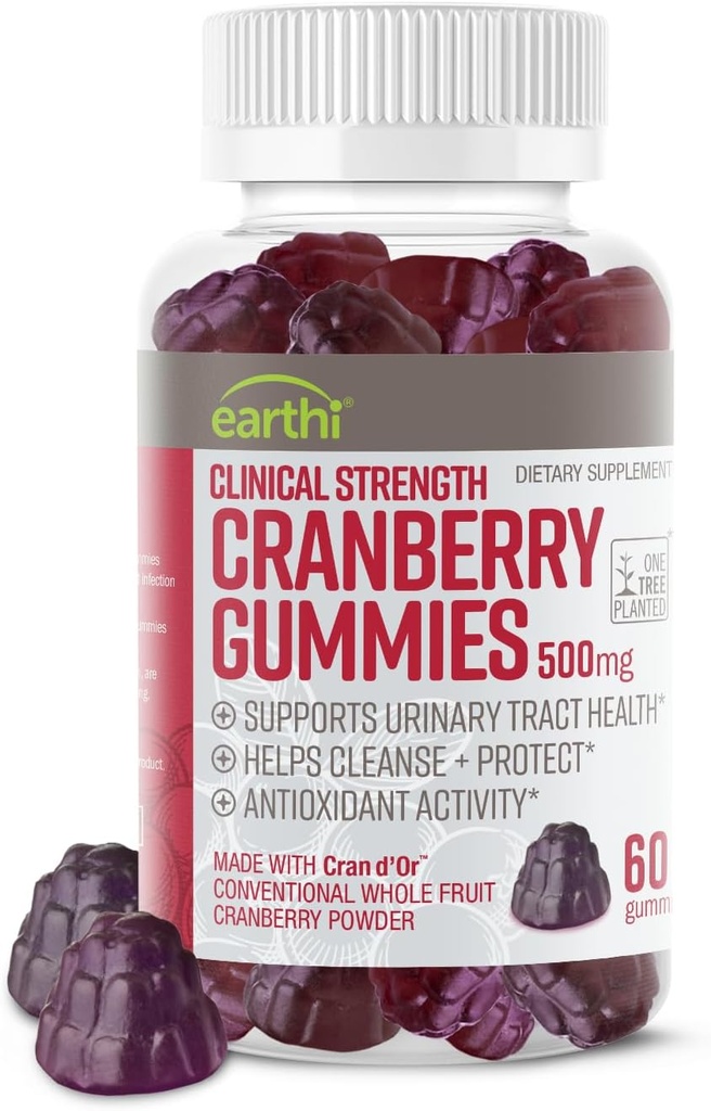 临床强力 Cranberry Gummys 500mg - Urinary Tract支持女性和男性健康 - 抗氧化剂超食品清洁和保护 - Cran d'Or Cranberry粉末补充剂(60 Gummys)
