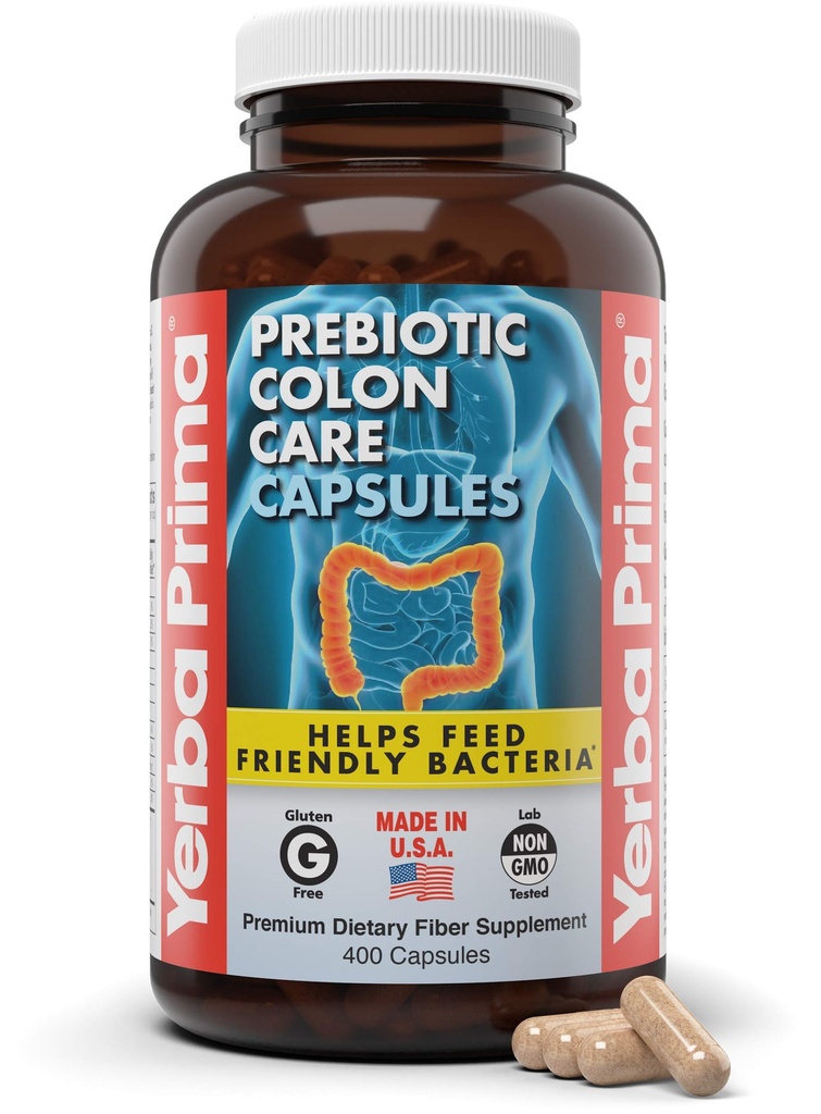 Yerba Prima Prebioon Colon Care Capsules, 400 Caps - 5种Fiber Plus FOS 预生药物 - 饮食健康补充剂 - 健康可溶性和不溶性纤维 常规性和消化性支持