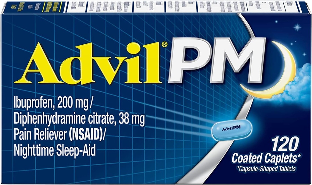 Advil PM (120 Counter) 疼痛解脱/夜间睡眠援助 Cated Caplet, 200mg Ibuprofen, 38mg 二苯胺(包2)