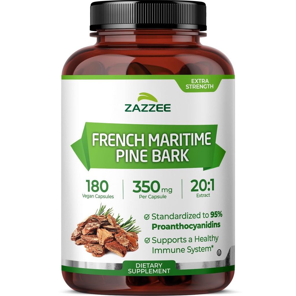 Zazzee Extra strong French Maritime Pine Bark 20:1 提取, 350 mg per Capsule, 180 Vegan Capsules, 95% Proanthocyanidins, Kosher, 6个月供应,标准化20X 提取,非GMO, 在美国制造