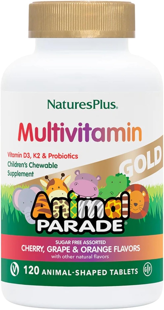 NatusPlus 动物 游行 金子 儿童 多种维他命 - 各种樱桃,橙色和葡萄 火焰 - 120 动物 形状可切片,包装 4 - Vegan, Gluten Free - 240 总服务