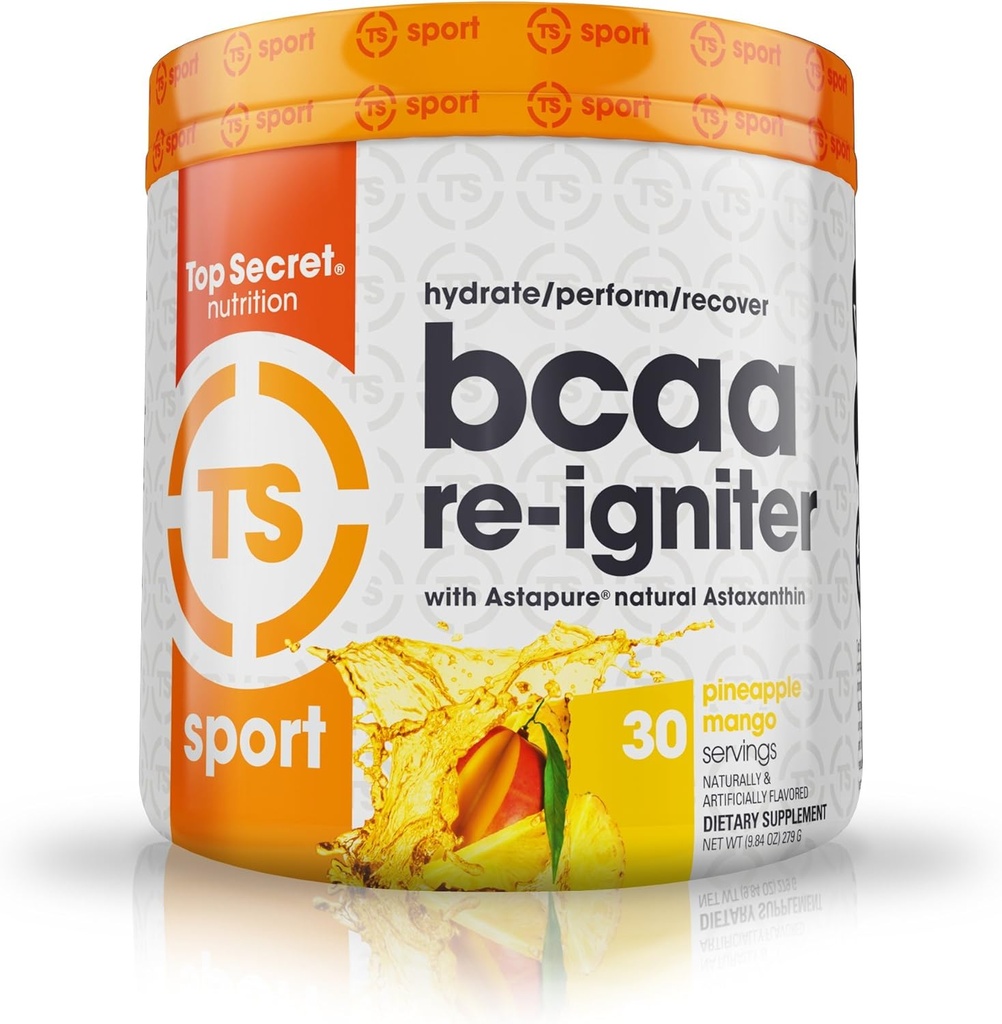 顶级秘密营养 BCAA Re-Igniter Vegan 氨基酸补充剂 与 Astaxanthin 和 电解液, 与椰水水水合水, 9.84 oz(30 series), Pineapple Mango