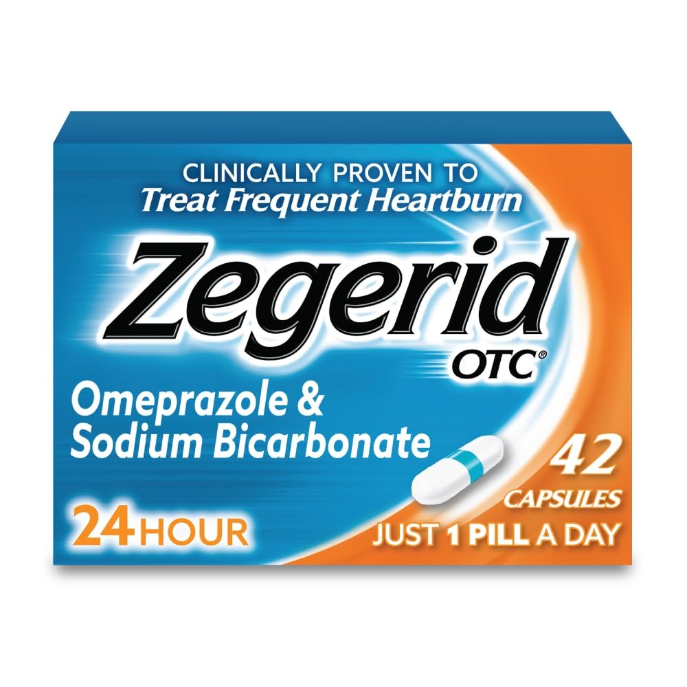 Zegerid OTC,24Hour Heartburn Relief,酸性逆流药和安塔西德,治疗频繁的心脏burn,Omeprazole 20mg + 碳酸钠,质子泵 Inhibitor(PPI),42 Capsules