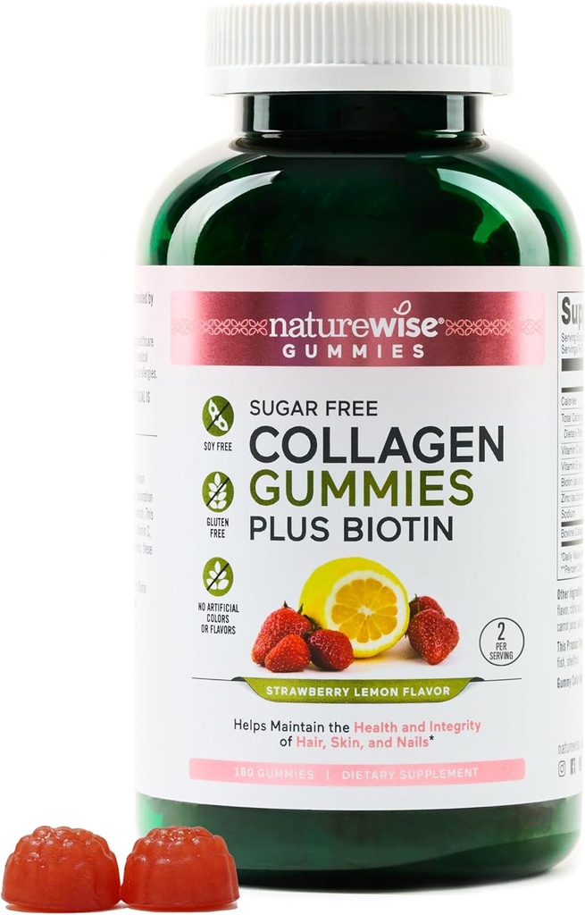 NatureWise Collagen Gummys - 无糖水解 Collagen Gummys - 1型和3型Peptides for Women + Biotin, Vitamin C, E, & Zinc for Hair Skin and Nails Support - 180 Counts [3-Month Supplement] (原始内容存档于2019-09).