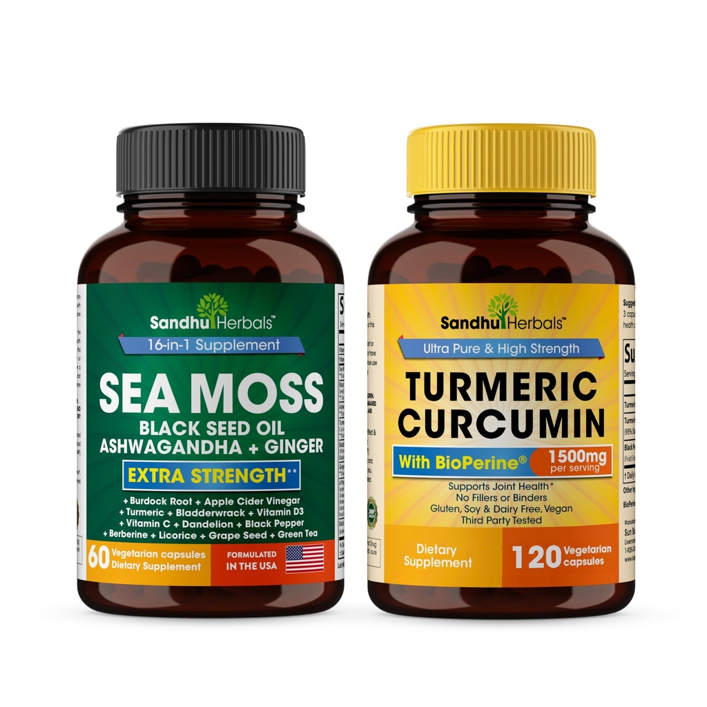 Sandhu Herbals Seamoss & Turmeric Curcumin with Bioperine Capsules + 支持免疫、消化、认知、皮肤和头发健康