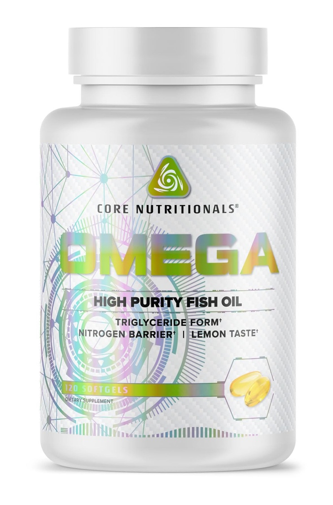 核心营养素 Omega 高纯度鱼油 Triglyceride Form EPA & DHA → 1300mg Omega-3s → Brain & Heart Health Support → Lemon Taste → 120软胶