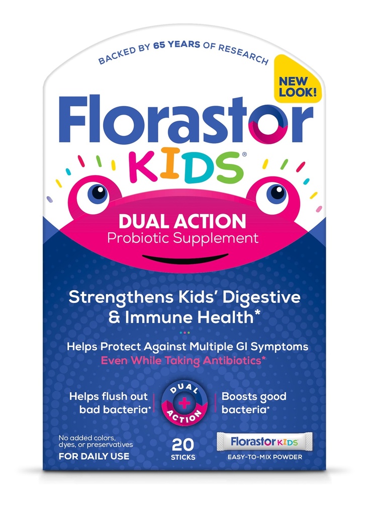Florastor Kids Dual Action Probiotic Supplement,"加强Kids的消化和免疫健康",20易混合粉条,包装 May Vary