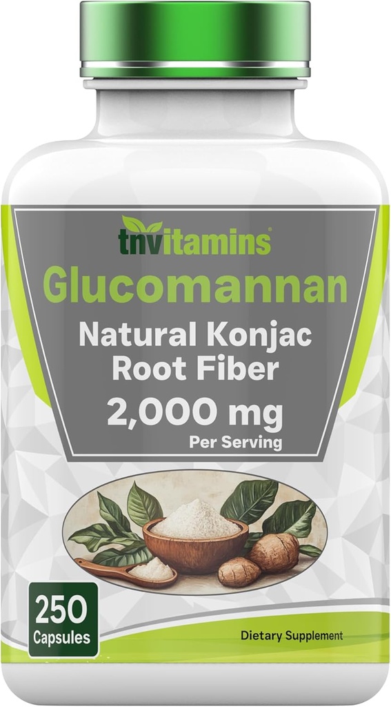 Tnvitamins Glucomannan Capsules 2000 MG - 250 Counter Konjac根纤维抽取粉补充 QQ溶解性,饮食,和消化性纤维药 QQ在美国生产 QX非GMO和Gluten Free
