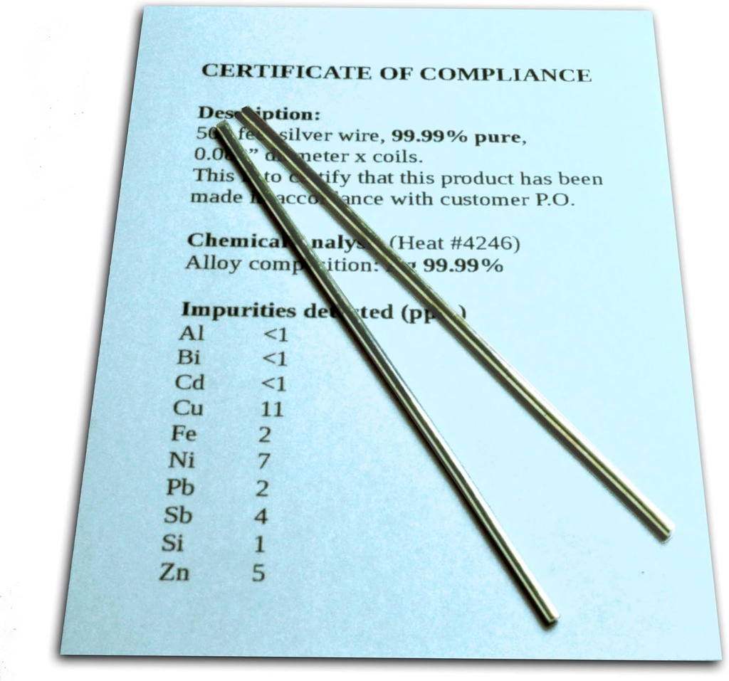 单体银器电源保证 99.99% 纯度 - 一套(2) 4" 电机 Rods 12 Gauge(0.08 in. / 2.06 mm) 配有合金构成遵守/完成化学分析证书.
