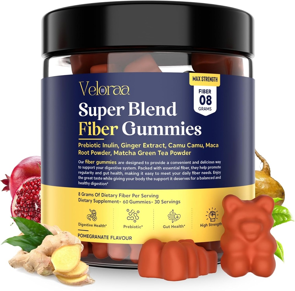 成人超级混合纤维 – 8g 预生纤维 Gummys,支持消化健康 , Bloating Relief & Wellness, Infind with Ginger, Camu Camu & Matcha, 草莓火焰 – 60 Count