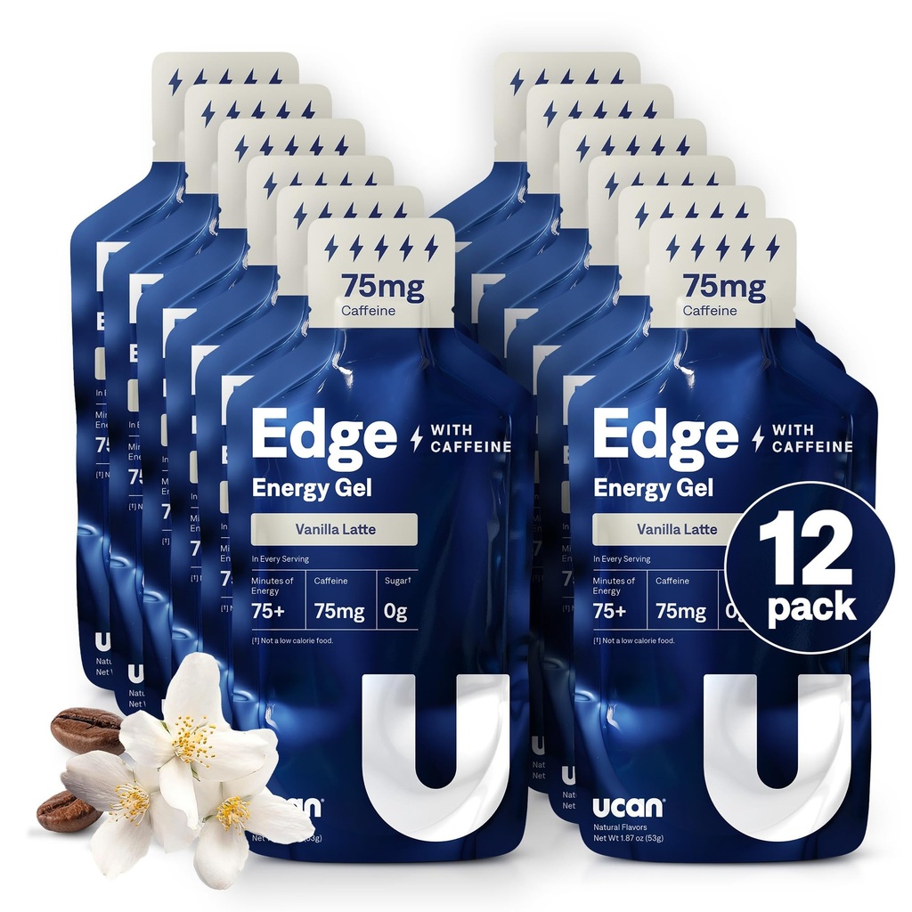 UCAN Edge Energy Gel Shots, Vanilla Latte + Cafeine (12, 2 Ounce Packets) 用于跑步,训练,锻炼,健身,自行车,Crossfit QQ 无糖, Vegan, & Keto 友好能源