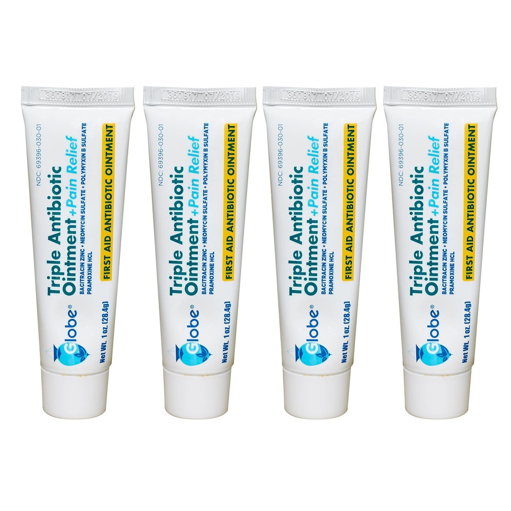 环球 (4 Pack 三联抗生素 + 止痛膏 1oz, 急救抗生素, Soothes pain, Cuts, Burns and Scrapes 24 hours Introduction) 抗生素, 24小时感染保护