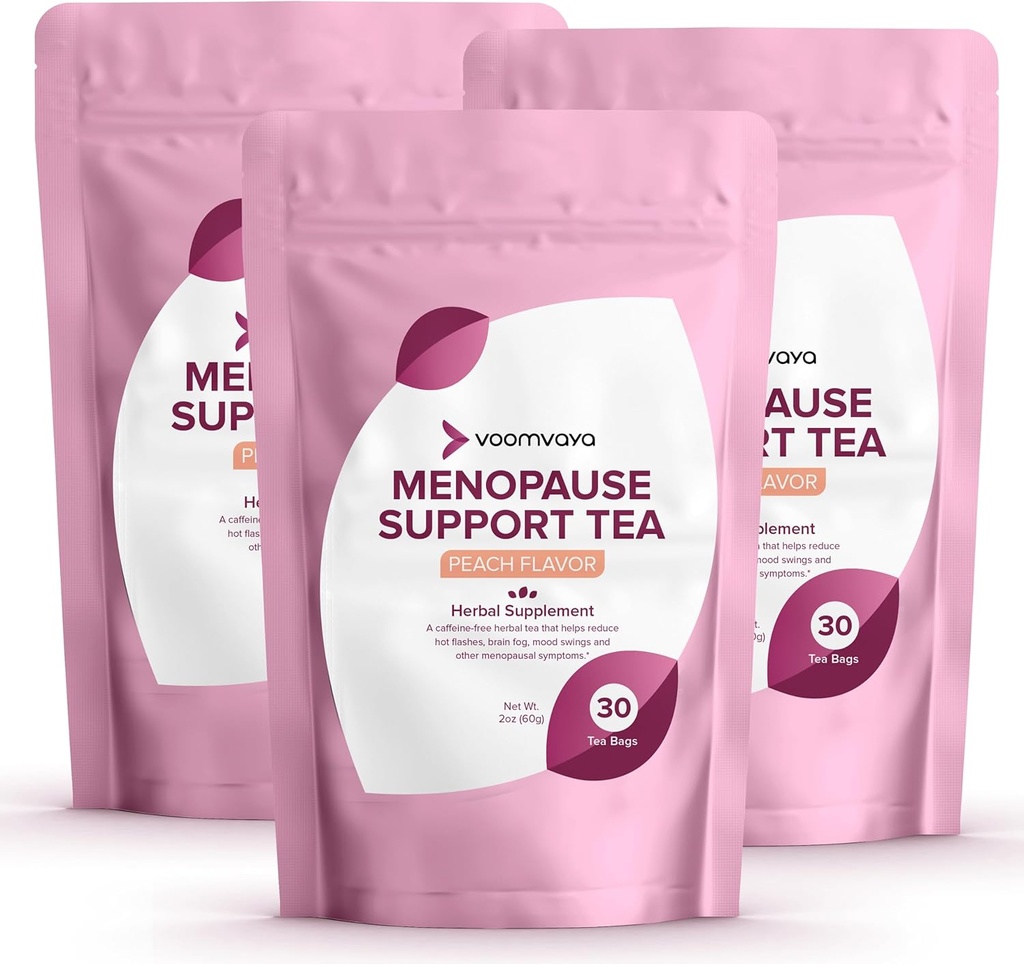 VoomVaya在更年期支持Tea 3-Pack Bundle上保存20% - 女性的自然更年期救济 w/Red Clover & Black Cohosh - 夜间汗水和热闪电救济 - Peach Flavor - 90 茶袋