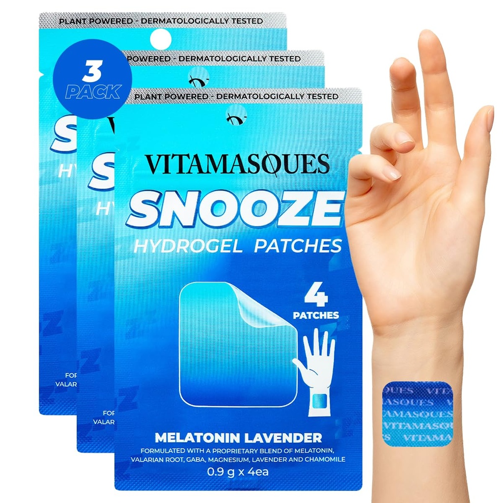 成人的Vitamasces睡眠补丁,Snooze Me Wellness Hydrogel Patch(3-Pack) - 与拉芬德,梅拉托宁, & Valerian Root - 残忍无毒,韩国皮肤护理睡眠补丁