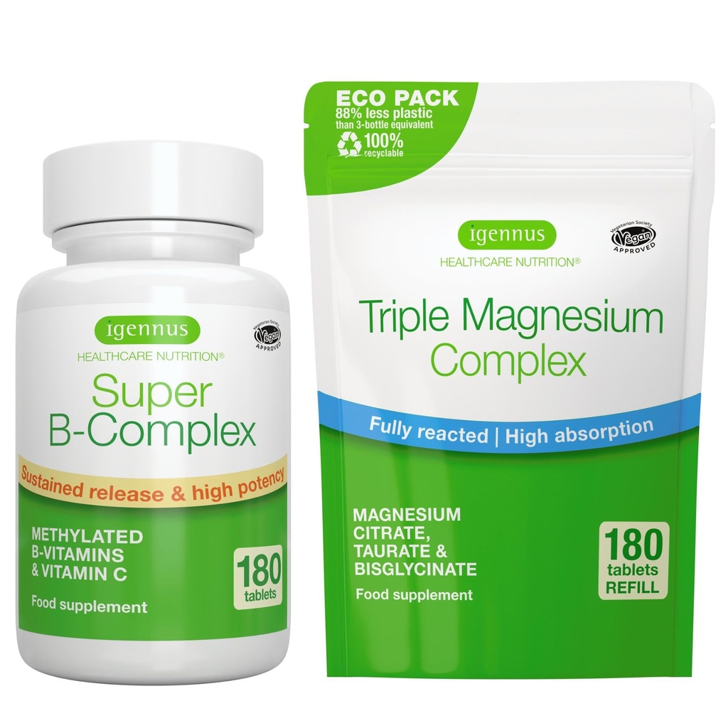 Super B-Complex 180 板块 + Triple Magnesium Complex 180 板块 Vegan Bundle, 甲基持续释放 B 复合物 + 高吸收性 甘化镁,陶拉提和Citrate, by Igennus