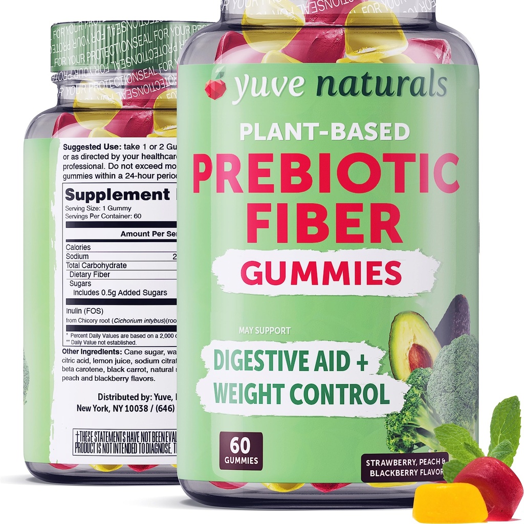 Yuve Prebiotic Fiber Gummys - 美味 - 3g 可溶性纤维补充剂 - 支持消化健康与规律 - Vegan & Gluten - 成人与儿童自由纤维 - 非GMO & 低糖 - 60个计数