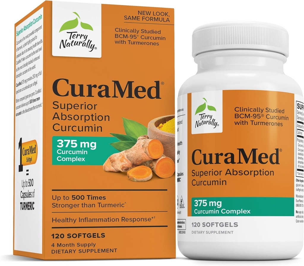 Terry自然 CuraMed 375mg - 脑和免疫健康支持的抗氧化剂补充剂 - 含有Curcumin & Turmeric基本油的饮食补充剂 - 草药肝脏支持 - 120软胶