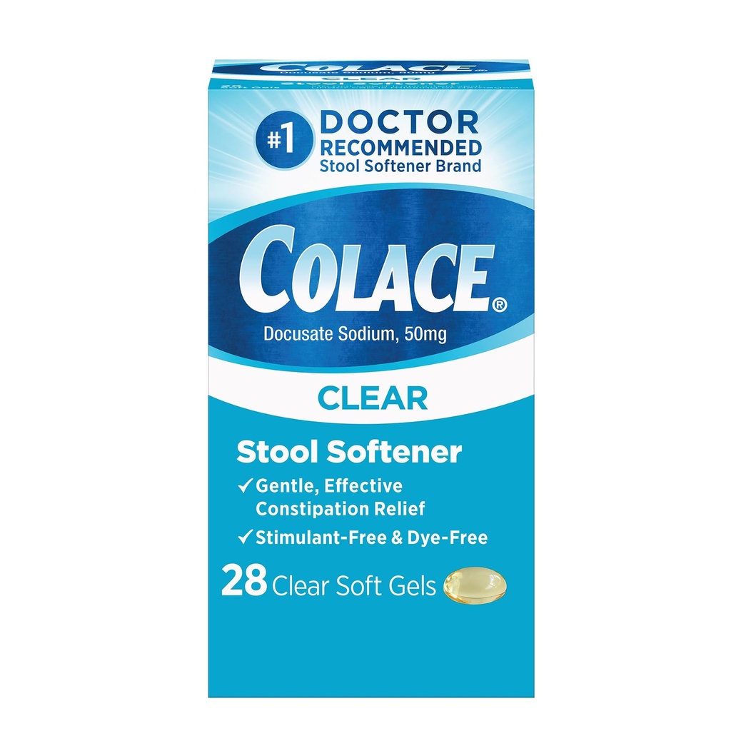 Colace Clear Stool 柔软软的 Gel Capsules 便秘救济 50 mg Docusate Sodium Doctor 建议28ct