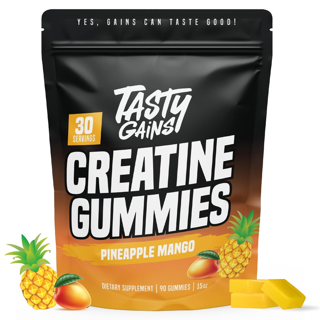 TASTY GENS Creatine Gummys - 90g of Creatine Monohydrate - 工作补充 - 构建肌肉和男与女力量 - 在美国制造 - 非转基因 - Vegan 友好型(Large, Pineapple Mango)