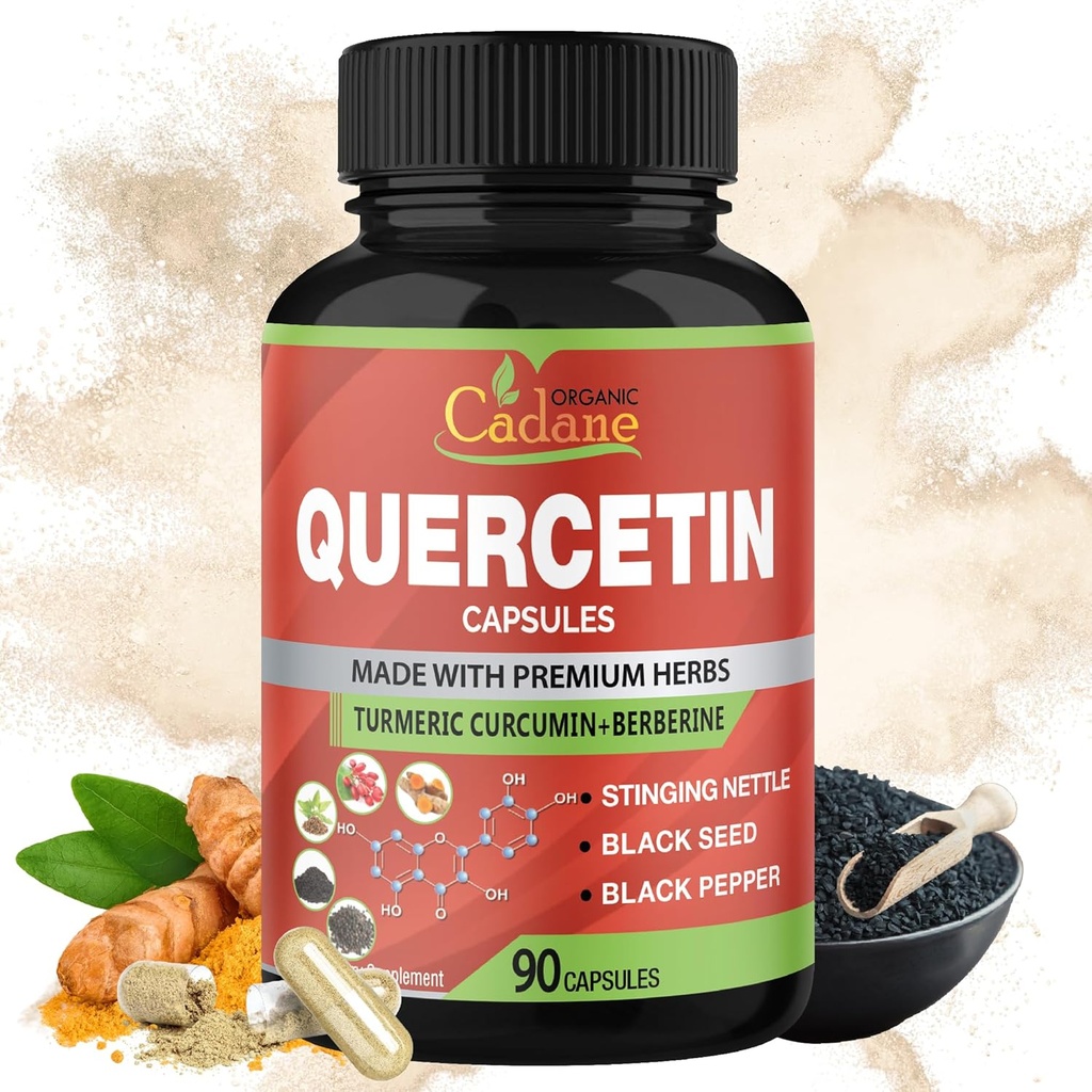 有机Cadane Quercetin Capsules, 90 capsules, 3个月供应 Quercetin, Turmeric Curcumin, Berberine, Nettle, 黑种子粉, 黑辣椒.