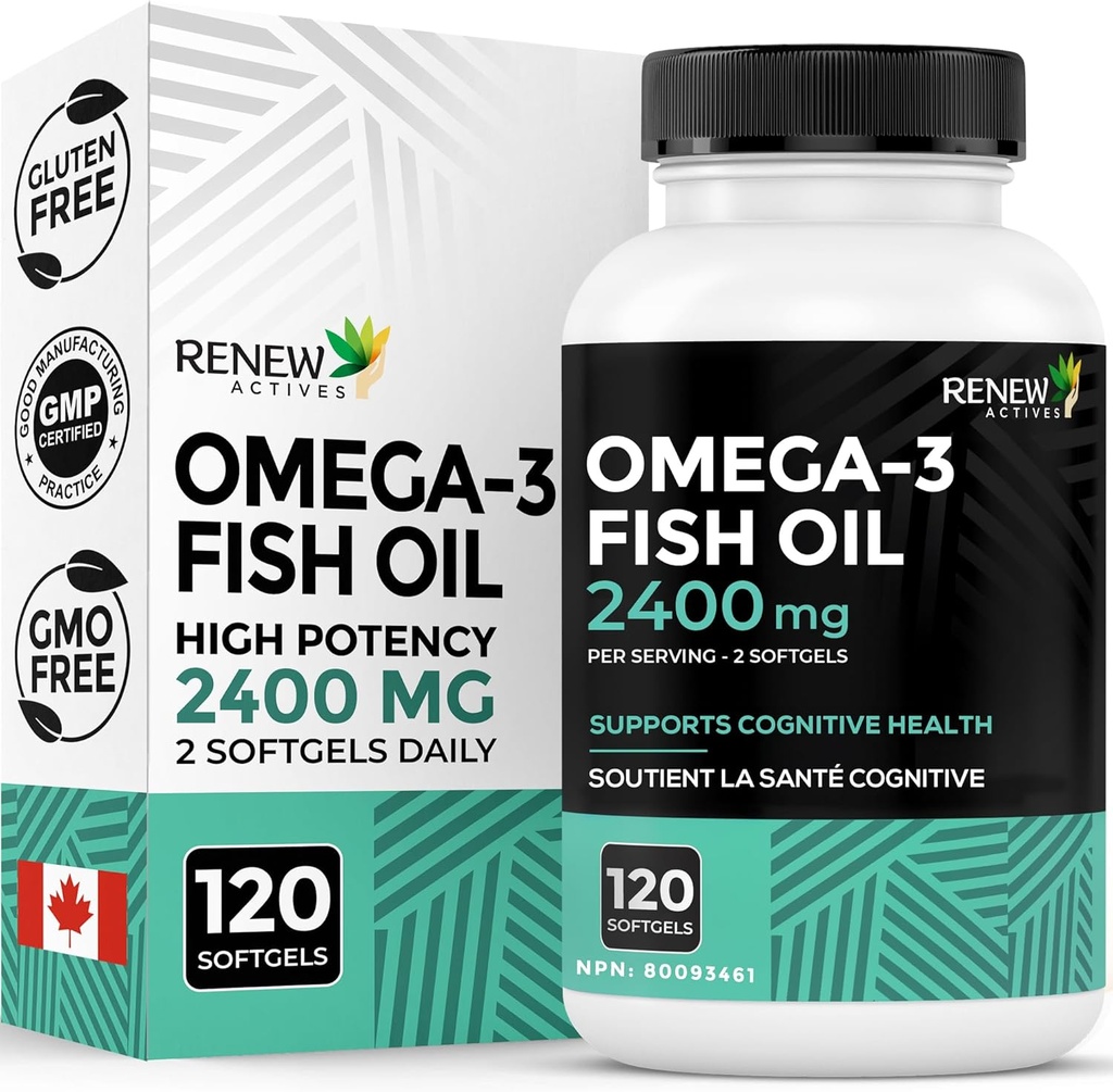更新Omega-3鱼油 每2个软胶2400MG - 720MG EPA & DHA - 支持心,脑,眼健康,和Triglyceride 减量 - 无鱼后味 - 加拿大制造 - 120个软胶