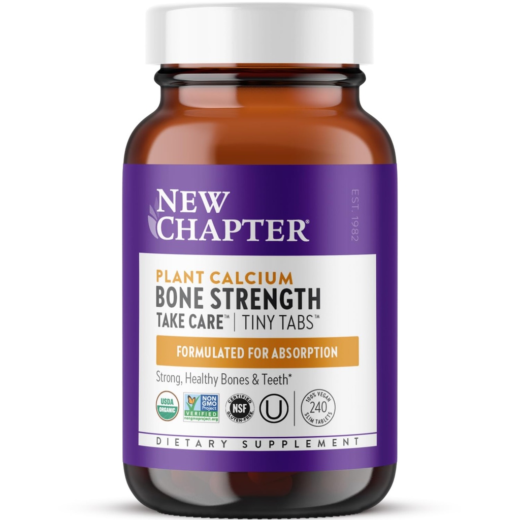 新的Capter Chapter Calcium Supplement - Bone Starity Tiny Tabs 植物基 USDA 有机钙与镁,维生素D3+K2,用于Bone健康与联合流动,心脏支持,905 mg剂量 - 240 Tiny Tabs