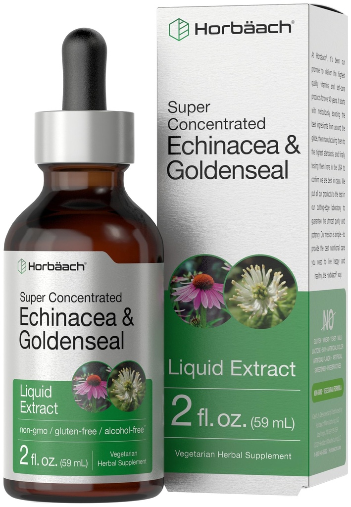 Horbäach Echinacea Goldenseal Tinctures Drops \ 2 fl oz = 酒精自由提取 = 蔬菜,非GMO, Gluten 免费补充