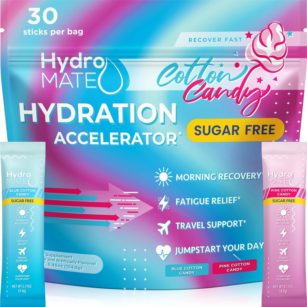 HydroMATE 电解石 无糖棉糖 - 含维生素C的30个即时水解包到促进能源 - 无糖电解石支持 Keto 饮食和党的恢复
