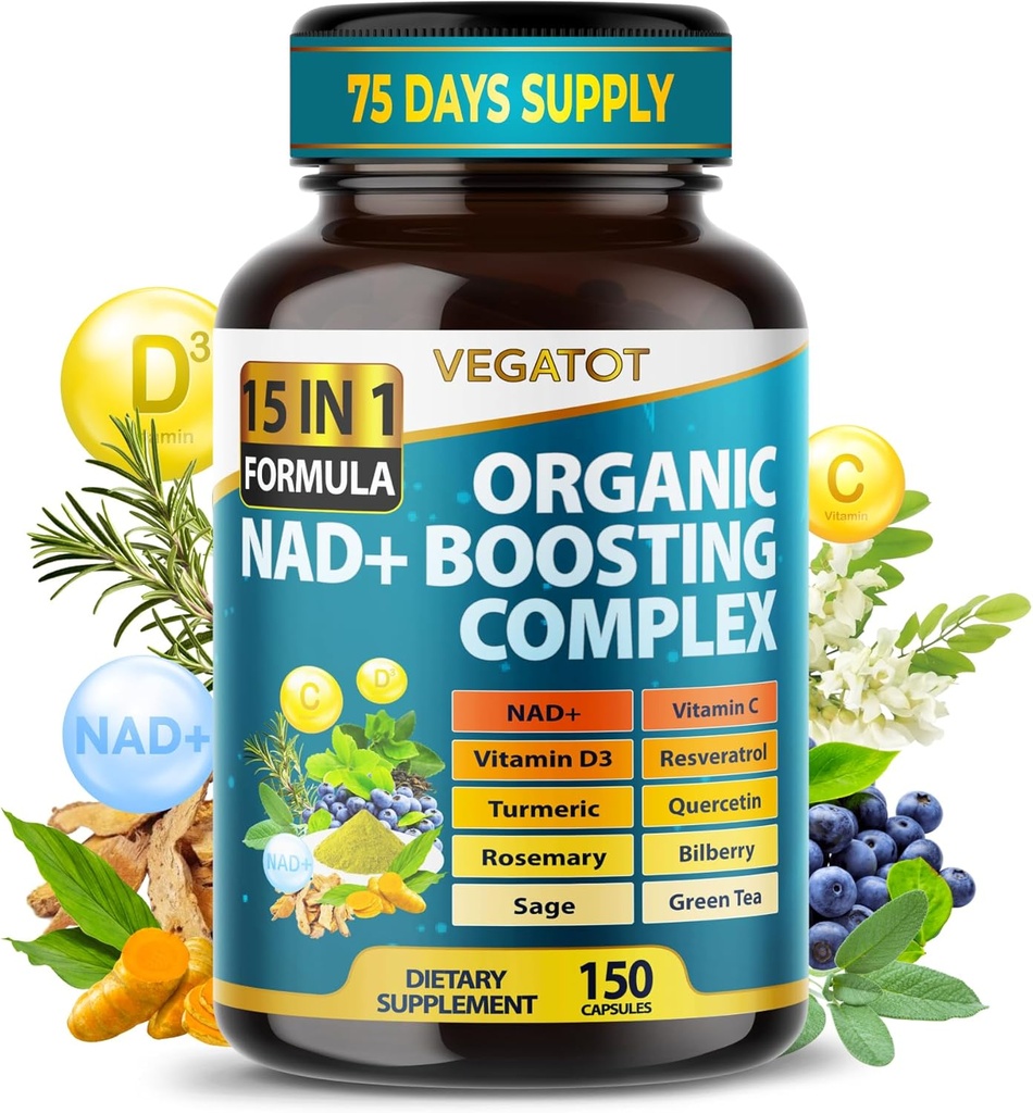 VEGATOT NAD+ 助推复合型 - NAD 15-in-1 配有 Resveratrol Turmeric Quercetin Rosemary Bilberry Sage 绿茶的 NAD 补充型女性和男性