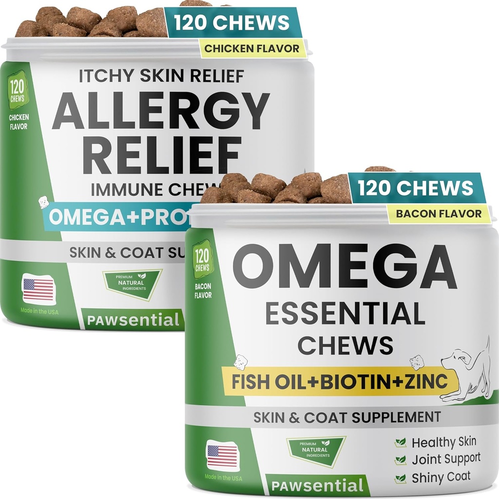 过敏救济狗 厨子 + Omega 鱼油 - 痒皮肤救济w/Probiotics + Omega 3 + Colostrum, Omega 皮肤和可可 补充 厨子