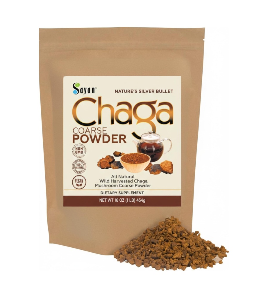 Sayan Siberian Prure Raw Coarse Chaga Powder 1lb / 454g – Premium 野生森林收获超级抗氧化剂茶 – 支持免疫系统和消化健康 – 聚焦,能源,清晰,健康 - 非GMO