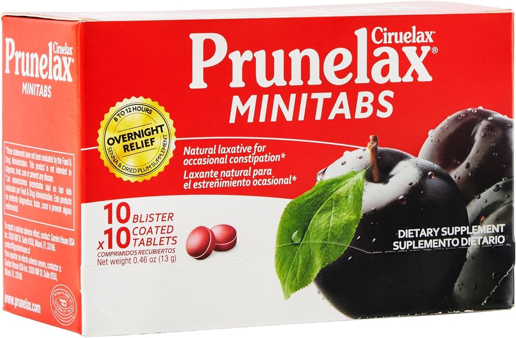 Prunelax Ciruelax 常规强力激光迷你药片 - 偶发便秘的过夜救济, Senna 提取, Vegan & Gluten - Free, Gentle Relief - 100ct