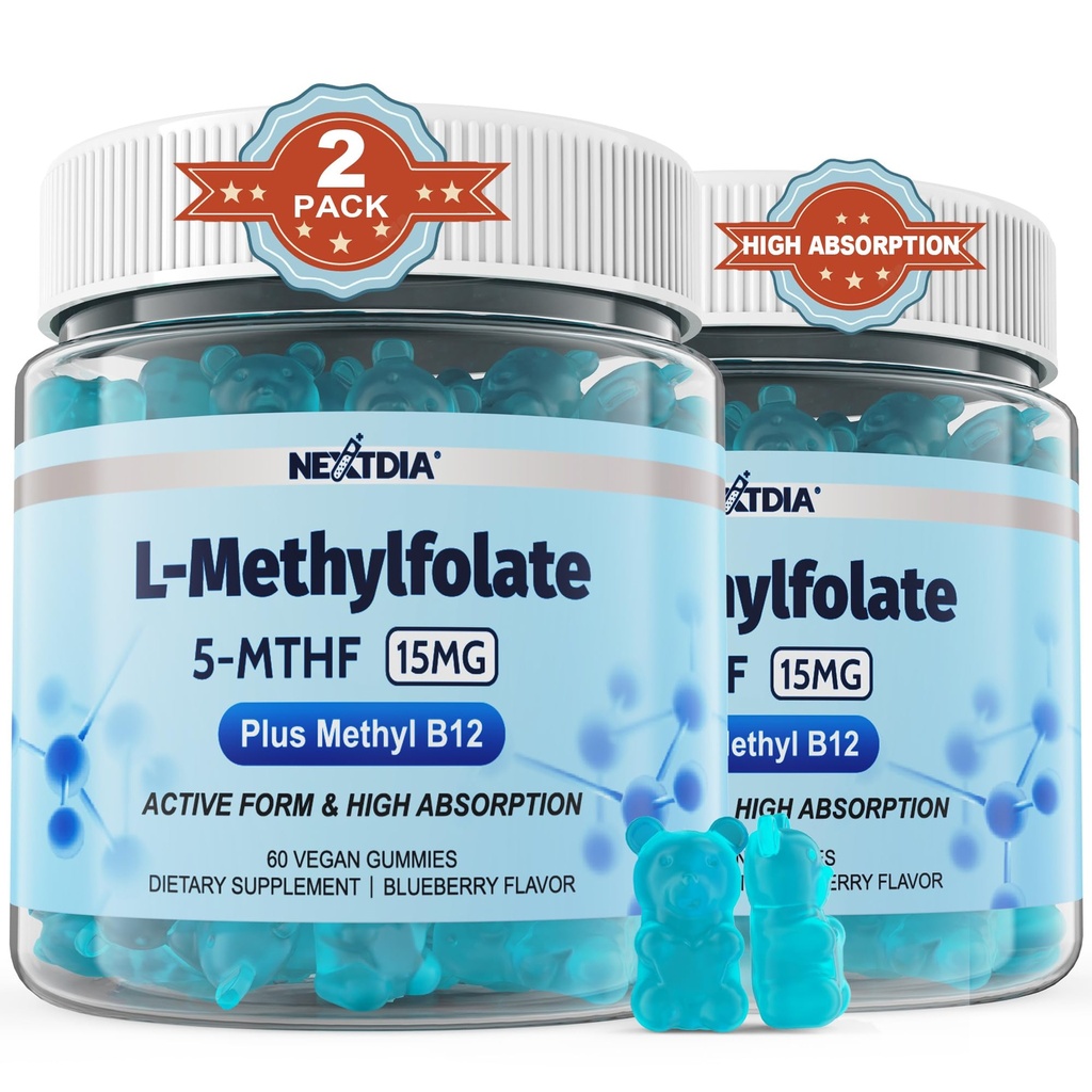 L-MethylFlate 15mg & Methyl B12 胶体,甲基化B1,B2,B6 多维塔明 - 活性5-MTHF和高吸收 - 支持MTHFR 基因,认知,Homocysteine levels, Folate代谢, Vegan, 120 Cts