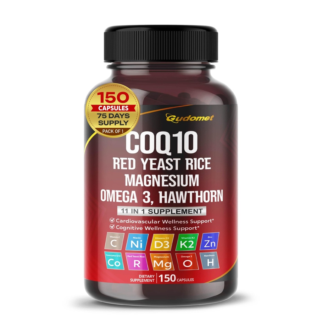 熟氨酸 Q10(Ubiquinone) 红酵母稻 霍桑 Omega 3 维生素 C Niacin Zinc 维生素 K2-150 Capsules