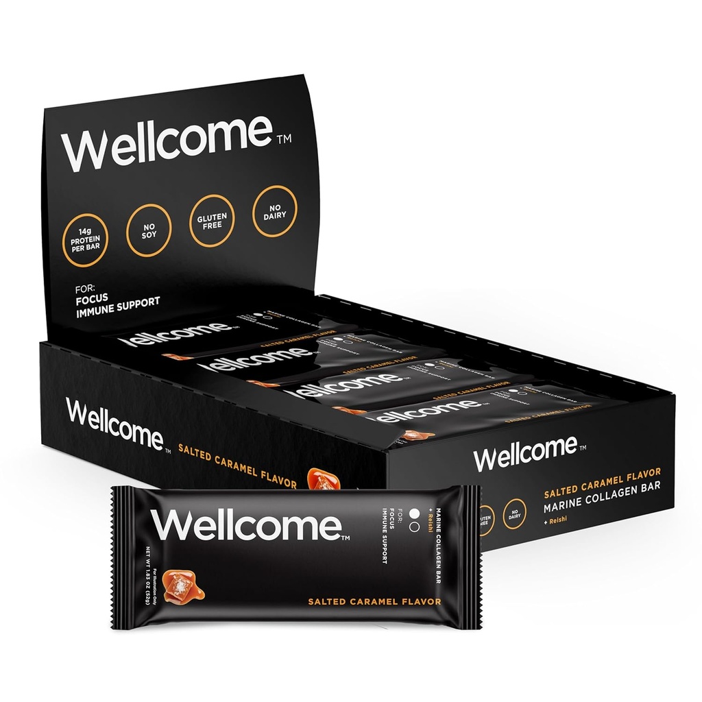 Wellcome Salted Caramel Marine Collagen Protein Bar 配有Reishi蘑菇促进能源和免疫支持 -- -- 适应性小吃酒吧 -- -- 功能活跃生活方式的乳品免费健康酒吧(12号包)