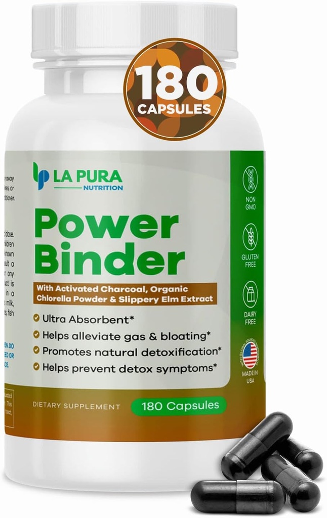 LaPura Power Binder Blend – Detox & Cleanse with activated Charcoal,有机氯菌粉末和滑石 Elm 提取器 – 帮助缓解气体和布洛丁 – 促进天然解毒 - 180 Capsules