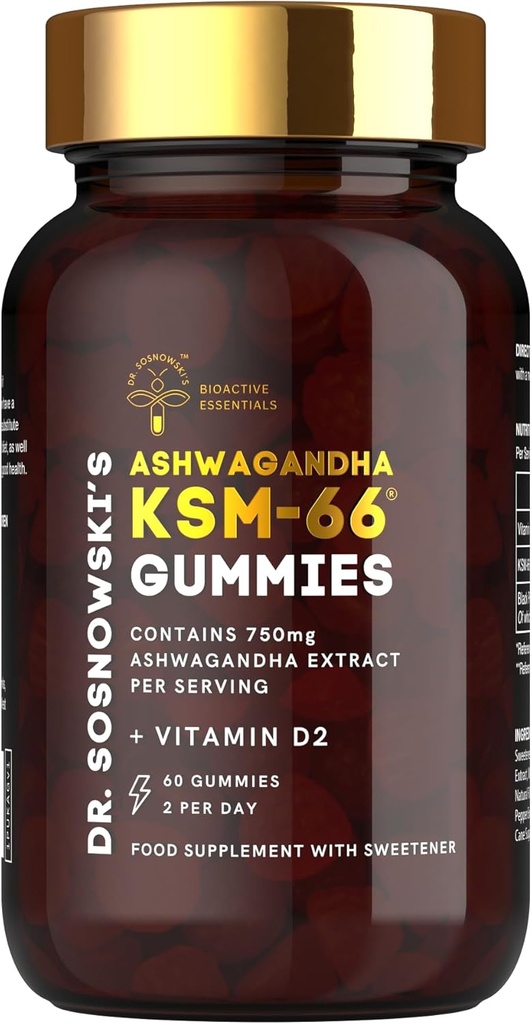 Sosnowski博士的生物活性KSM-66 Ashwagandha Gummys 750mg Ashwagandha 提取与维生素D2(60 Gummys)