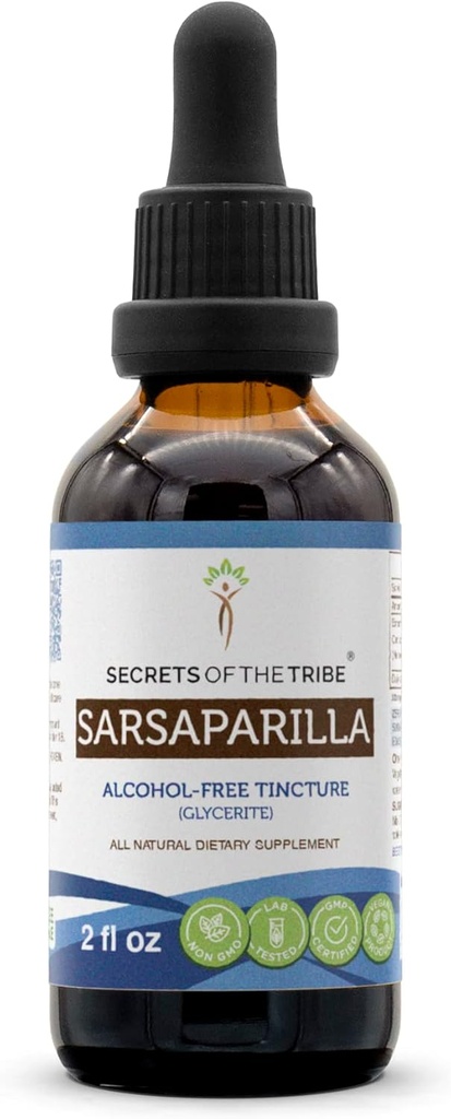 Sarsaparilla Tincture无酒精提取物的秘密,Sarsaparilla (Smillax Medicia) 干根叮当补充物(2 FL OZ)