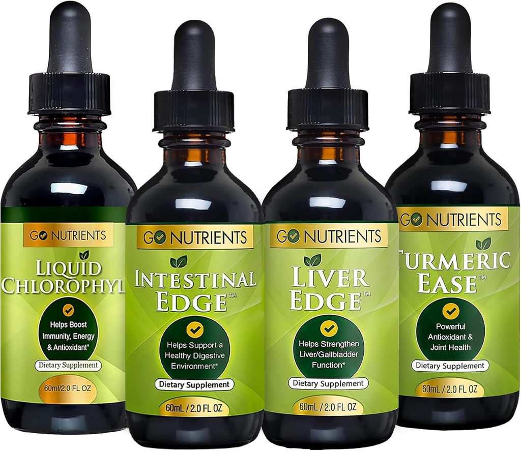 Go Nutrients Digestion & Detox Bundle – Liquid Chlorophyll, Liver Edge, Intivenal Edge, Turmeric Ease – 支持清洁, Digestion, Liver Health, 以及身体防御, 振兴皮肤和体质