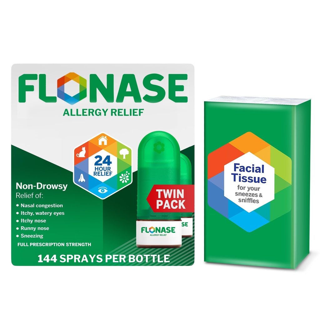 Flonase过敏救济鼻喷,24Hour非昏睡式多音节救济 — 144 Sprays (Pack of 2) + Bonus Pack of Tissues